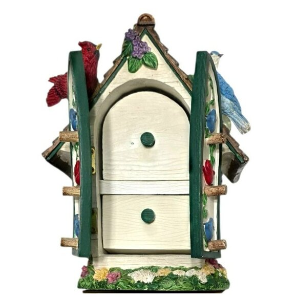 Vintage Cracker Barrel Birdhouse Jewelry Trinket Box Cardinal Blue Bird Floral - Picture 2 of 11